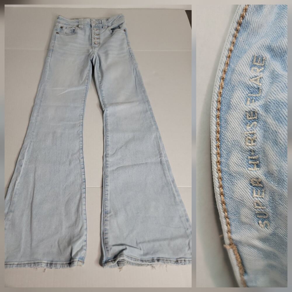 AMERICAN EAGLE Jeans 2 Super High Rise Flare Button Fly Stretch Boho 70"s Inspo